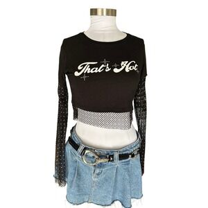 Y2K Paris Hilton Thats Hot Crop Top Black Fishnet Mesh Rhinestone Long Sleeve S